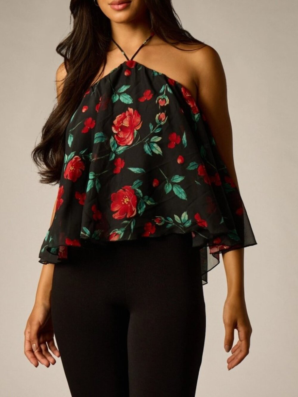 Black Floral Chiffon Halter Camisole Top with Flowy Swing Hem